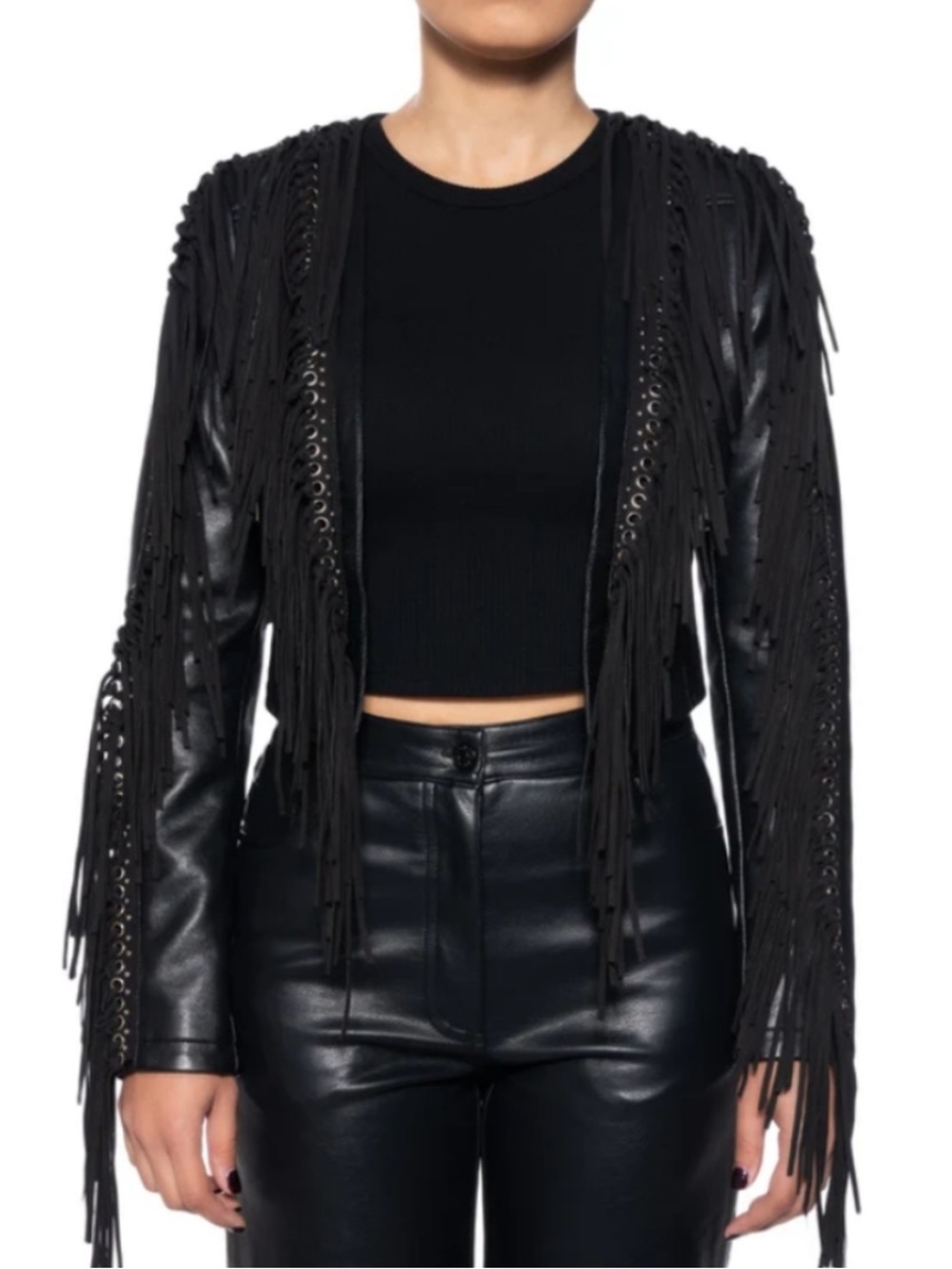Azalea Wang Olivier Black Fringe Western Fauz Leather Festival Jacket L